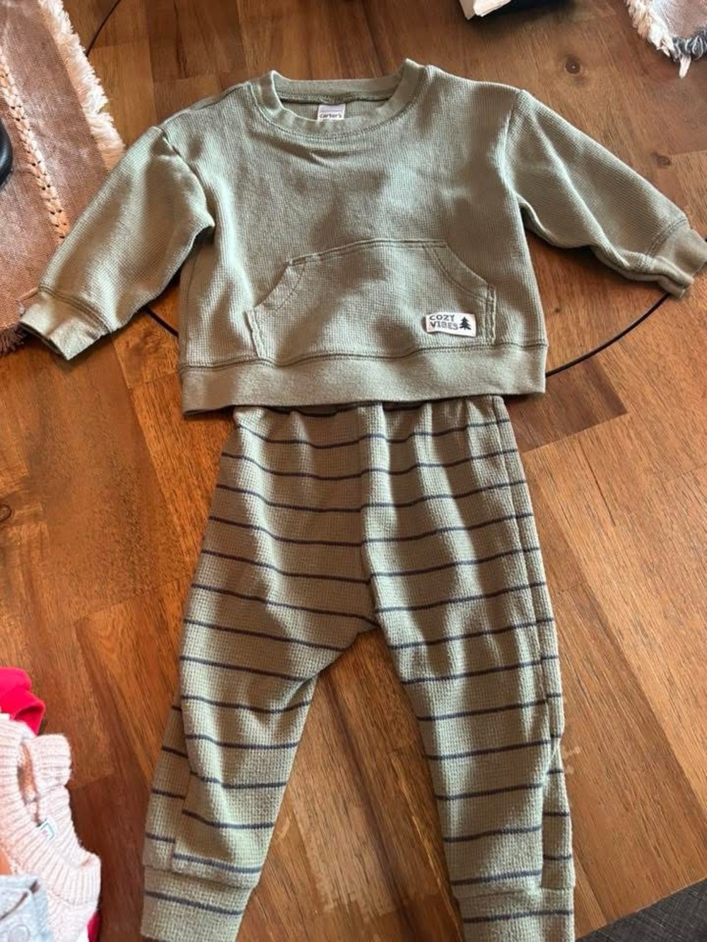 Carter's Olive Waffle-Knit Sweatshirt and Striped Joggers Set
